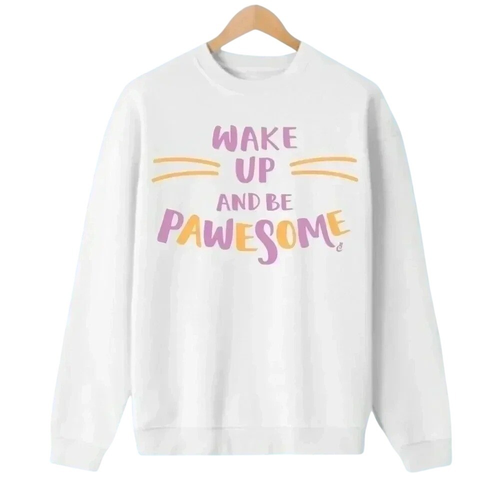 Wake Up Pawsome Crewneck  Medium‎ Sweatshirt White Cat Lover Cute Graphic Top
